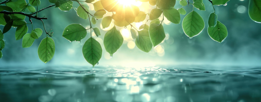 Sun shining through water with green leaves creating a mesmerizing natural scene