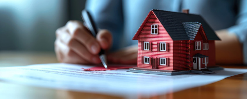 Person signing document with house model