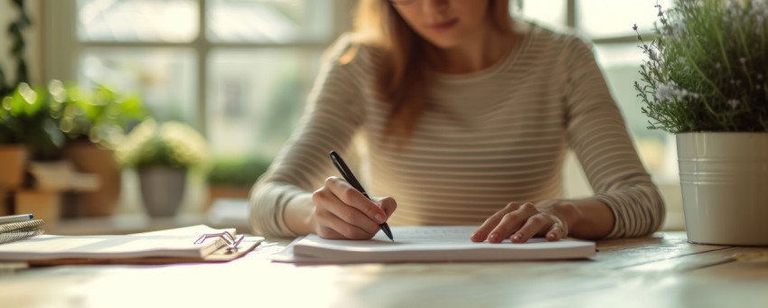 Person writing on paper with pen capturing a moment of creativity and expression