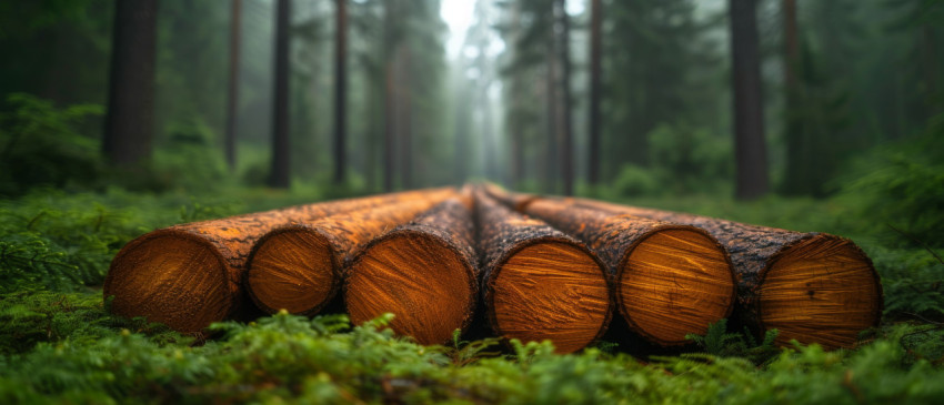 Logs on vibrant green grass with a forested setting in the background