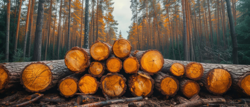 A stack of logs in the wood surrounded by the beauty of a lush forest background