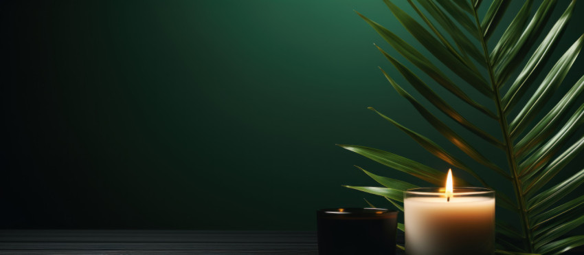 Vibrant green palm leaf with a flickering candle in the background