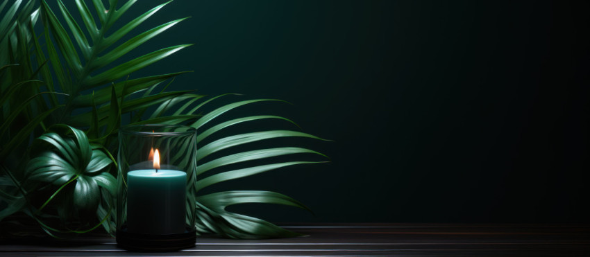 Vibrant green palm leaf set against a backdrop with a flickering candle