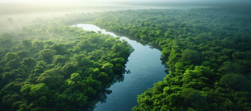 Serene aerial view of a forest river winding through the trees