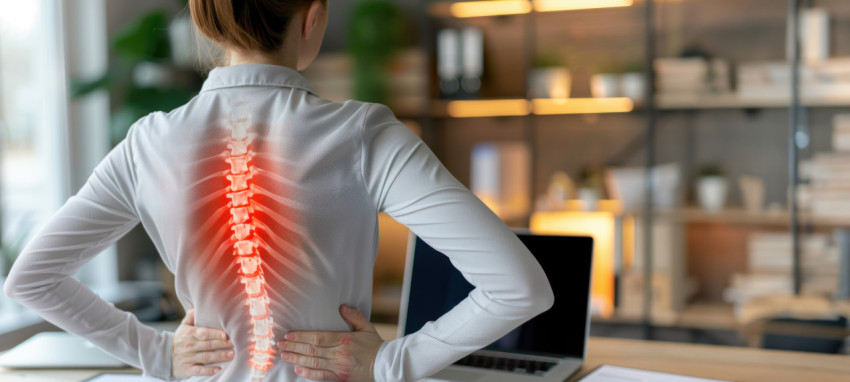 A high resolution photo showing the back of a woman in office with a blur background healthcare and back pain