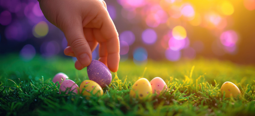 Hand picking up colorful easter eggs on grass