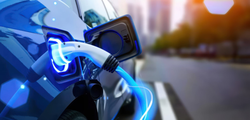 An electric vehicle charging with blue energy flow on charging port electric vehicle concept