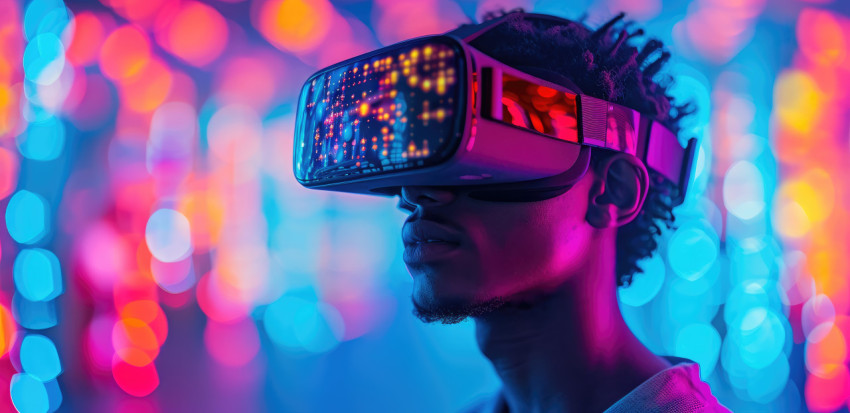 A man wearing a virtual reality experience with digital display on glasses