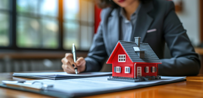 A confident woman in a suit signing real estate paperwork on a home model