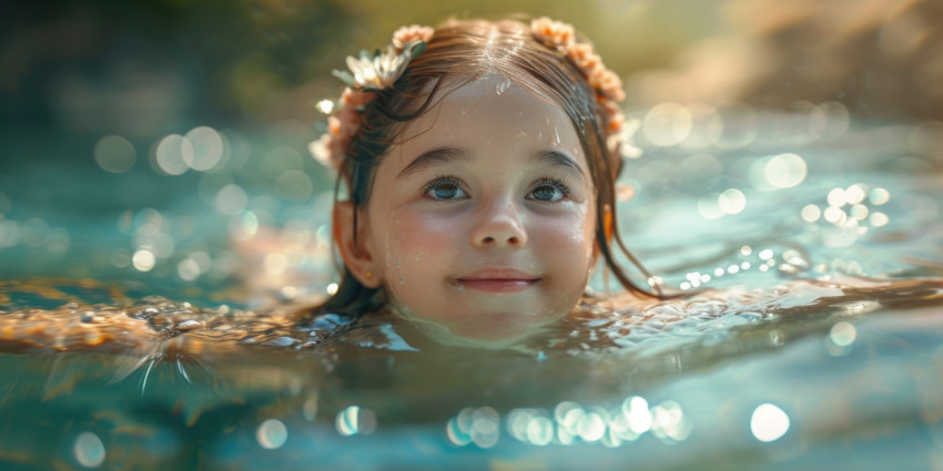 Little girl joyfully swimming in the pool