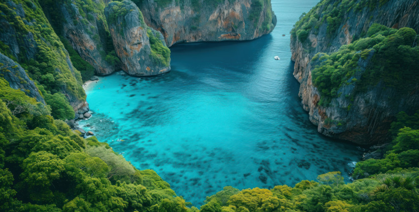 Blue sea surrounded by green rocky hills a serene and scenic landscape of nature beauty