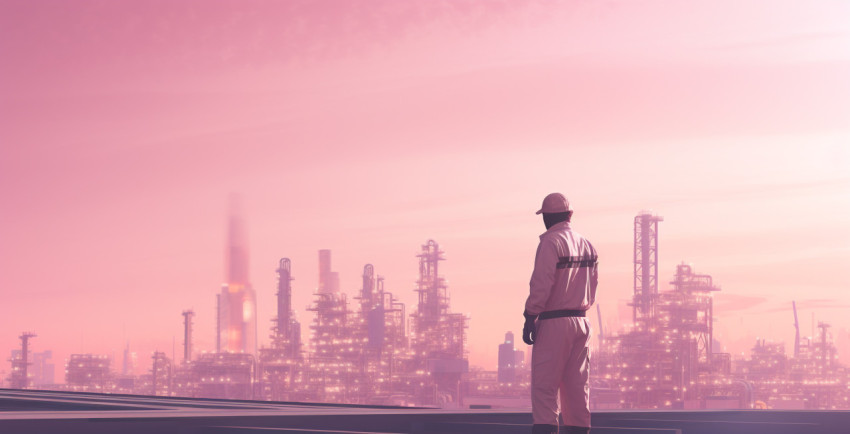 an industrial workers silhouette in front of a city on top of an