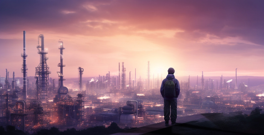 an industrial workers silhouette in front of a city on top of an