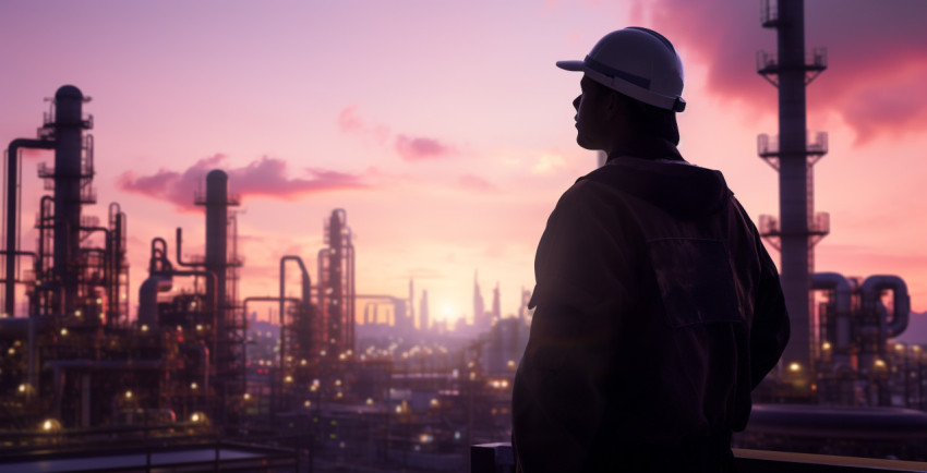 an industrial workers silhouette in front of a city on top of an