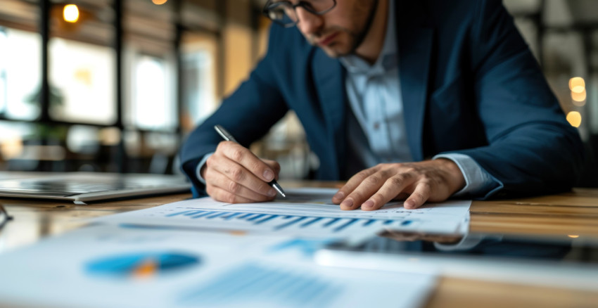 Businessman analyzing finances on paperwork