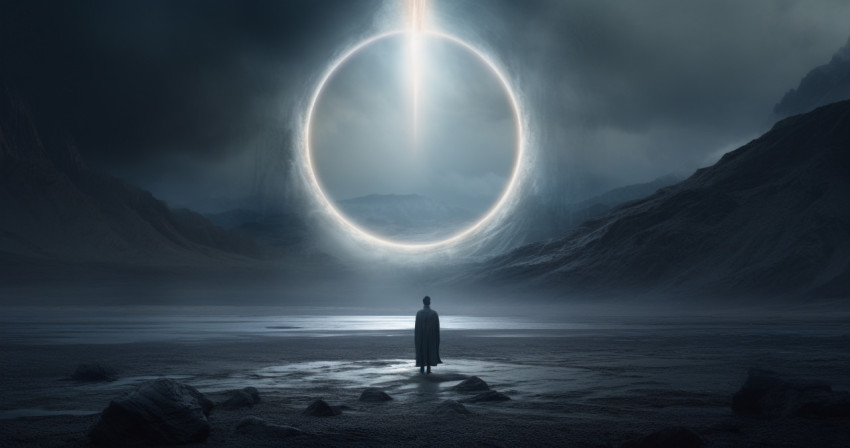 A person on the moon standing in front of a glowing circle