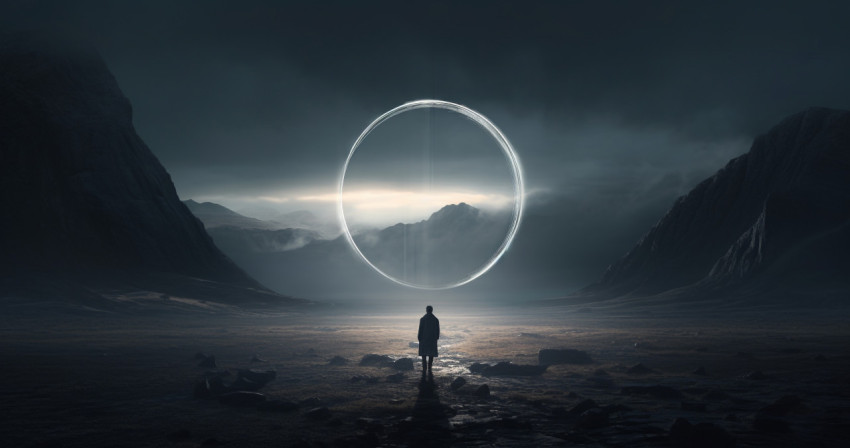 A person on the moon standing in front of a glowing circle