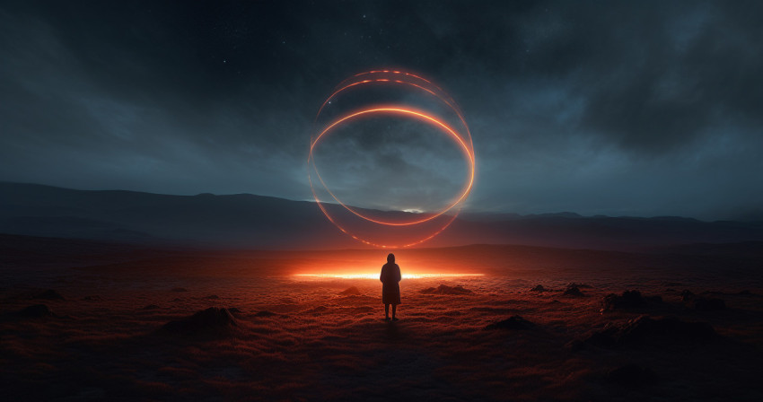 A picture of a woman looking at a glowing ring floating in space