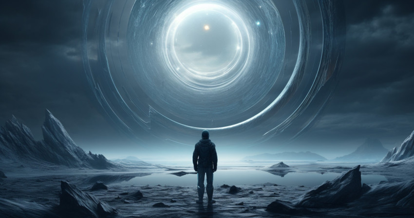 Stock photo of a person standing behind a circle in space, repre