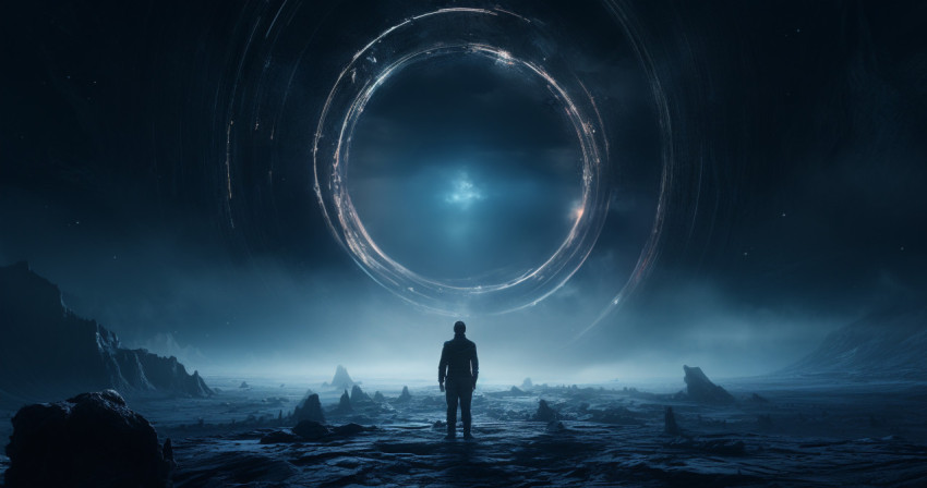 Stock photo of a person standing behind a circle in space, repre