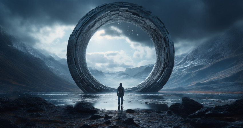 Stock photo of a person standing behind a circle in space, repre