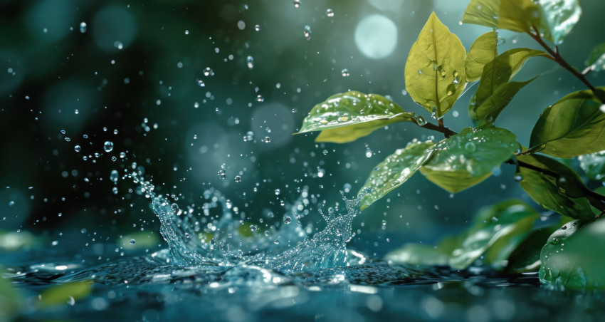 Water splashes gracefully on green leaves