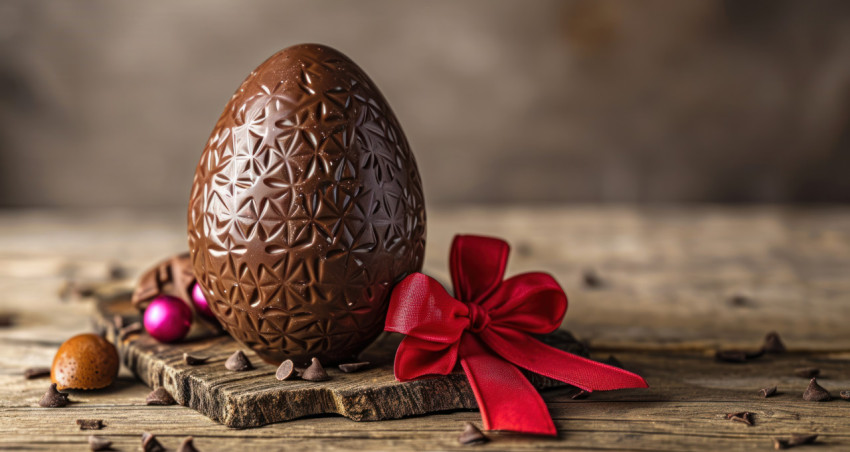 Chocolate egg on wooden table with red bow