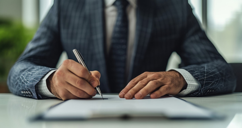 A businessman signs a contract with determination in a professional office