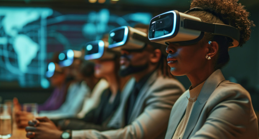 People in a business meeting using virtual reality glasses to engage in a high tech discussion and collaboration in a modern office space