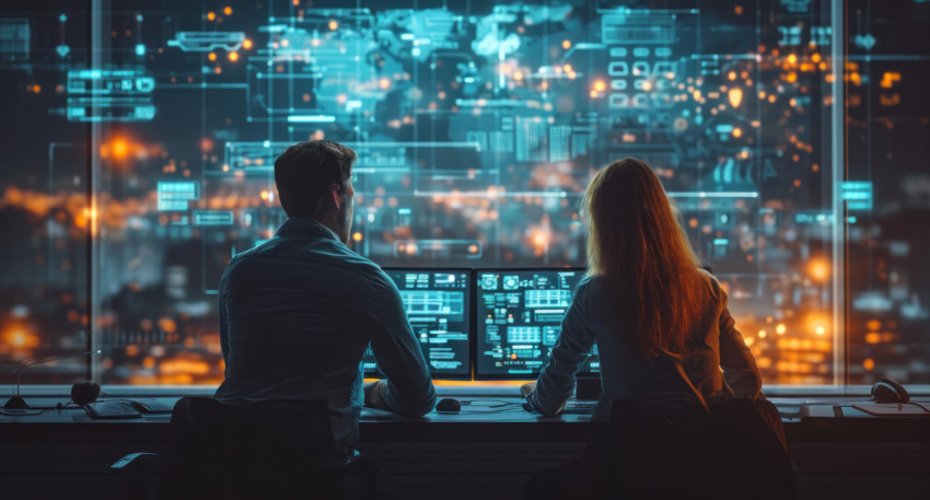 A pair in front of a screen leading a meeting