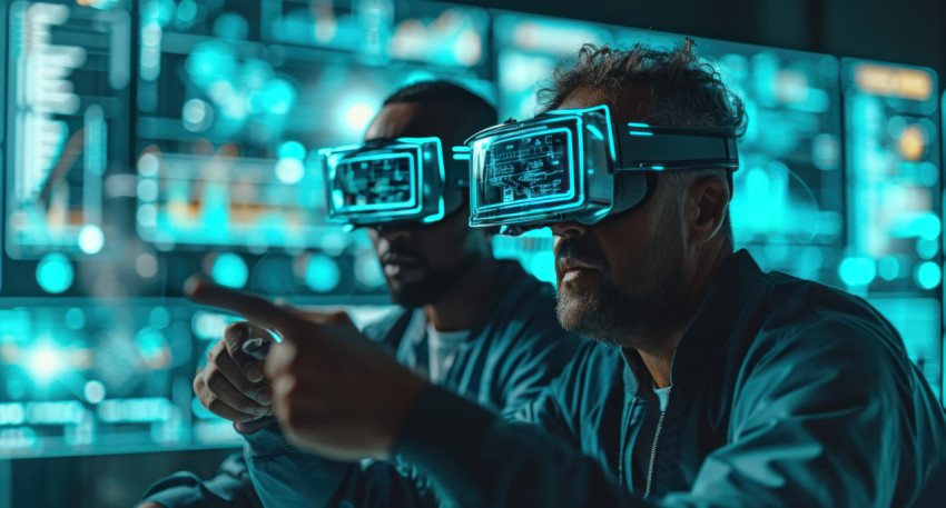 Two men wearing virtual reality glasses experience a futuristic world in awe