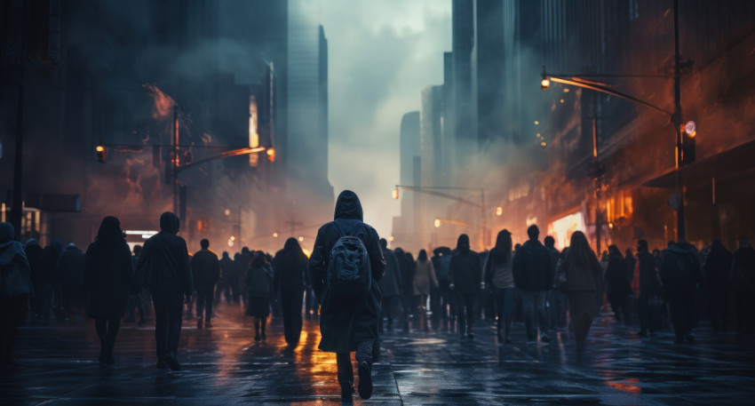 People from various backgrounds walking together on a city street creating a lively and bustling urban atmosphere