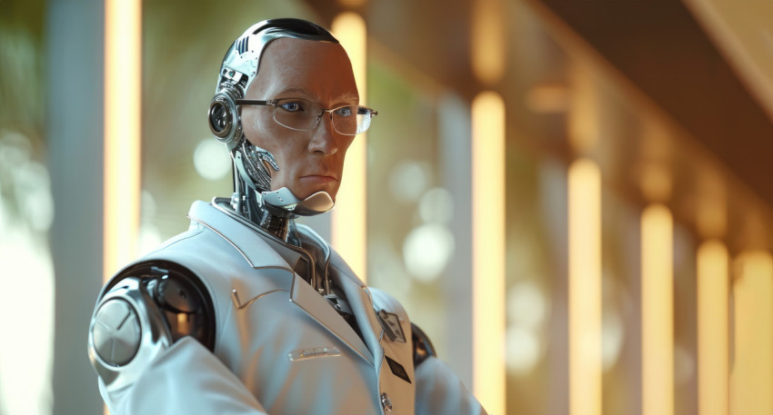 A robotic doctor wearing glasses stands in a lab coat