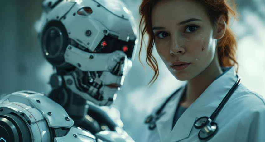 A photo of a robot and female nurse in uniform