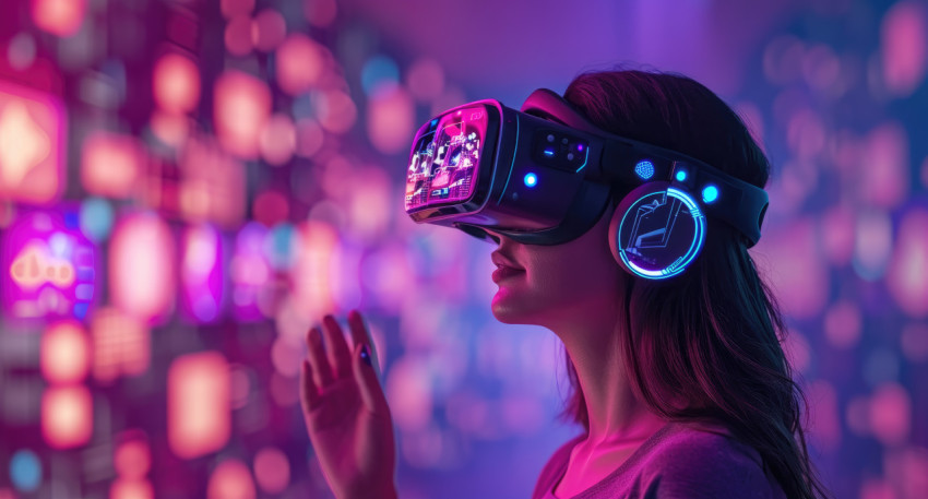 A woman wearing a virtual reality headset around icons on the background