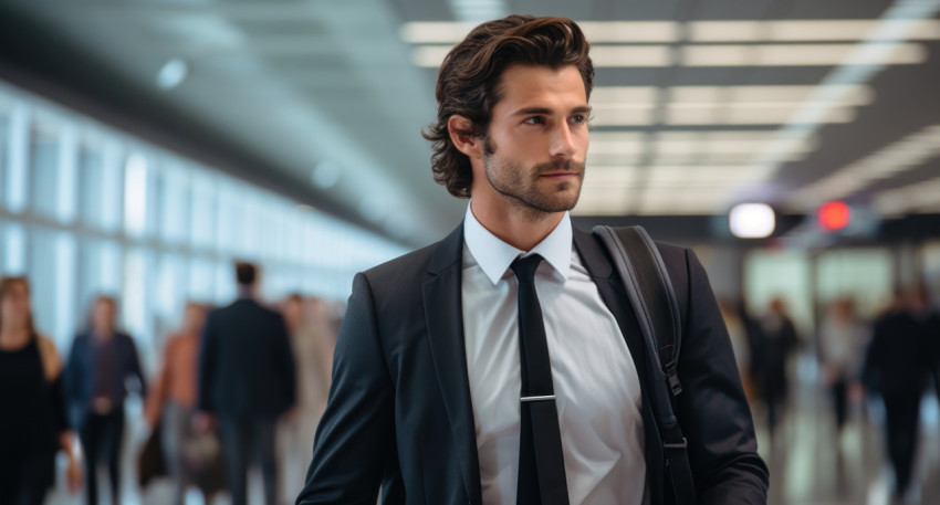 Attractive businessman in suit walking through airport