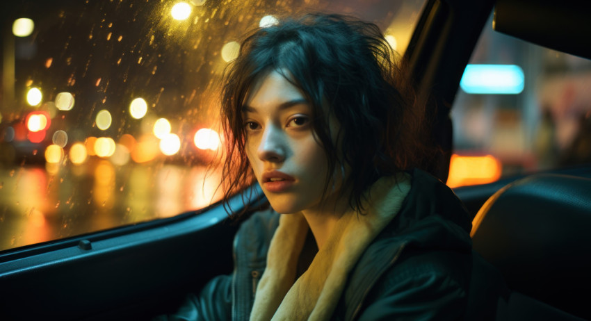 Woman seated in car during rainy night