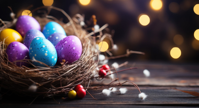 Colorful easter eggs placed in a bird nest atop a wooden table