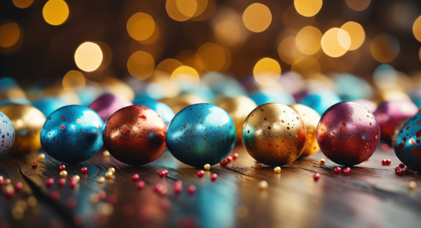 Easter eggs in various colors beautifully displayed on a wooden table