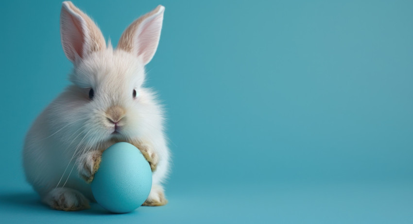 Cute white bunny holding a blue egg on a vibrant blue background