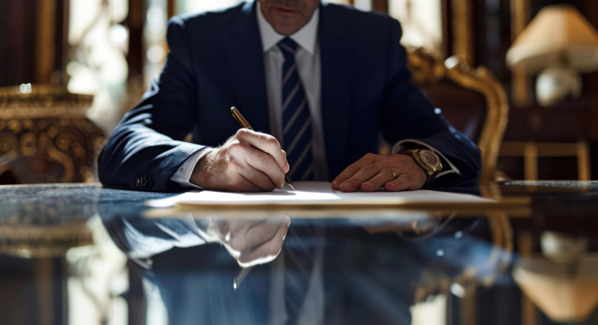 Businessman signing papers at a table