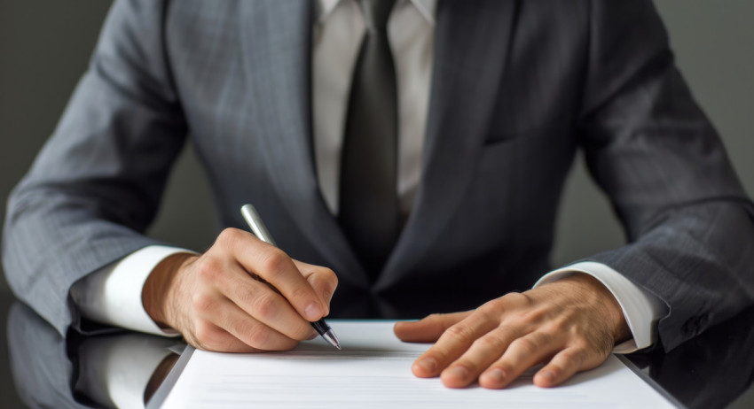 Businessman in suit signing document sealing the deal with a signature