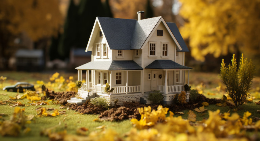 Tiny dollhouse surrounded by fall foliage in a yard with lush green grass