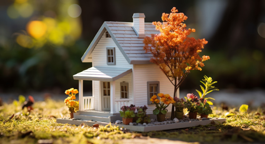 A small house surrounded by autumn vibes with a flowerpot on the grassy lawn
