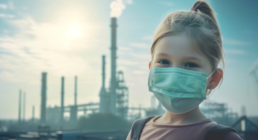 Little girl wears face mask in front of industrial backdrop
