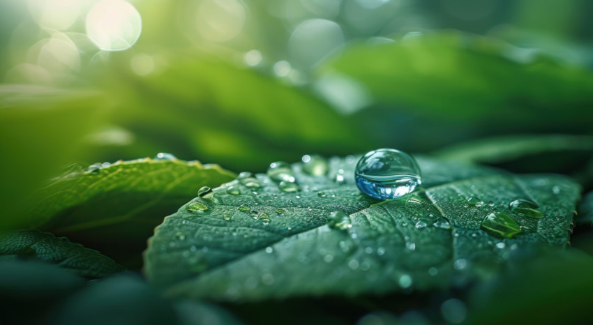 Clear water droplet rests on a green leaf