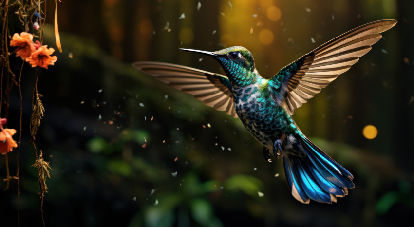 Hummingbird gracefully flying in the forest