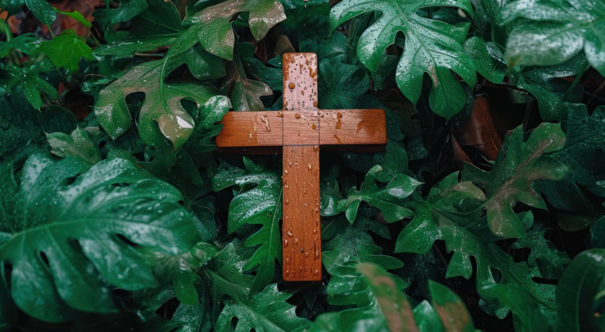 A wooden cross resting on green leaves