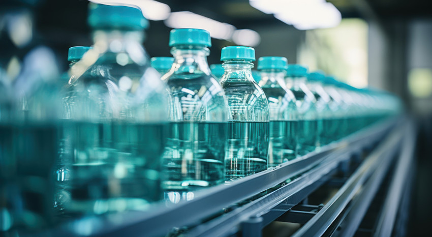 Water bottles lined up on conveyor belt