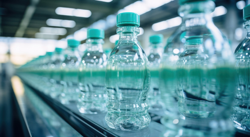 Many water bottles aligned on a factory production line